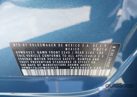 2015 Volkswagen Jetta 1.8T Se из США, поврежденный, VIN 3VWD17AJ4FM352578